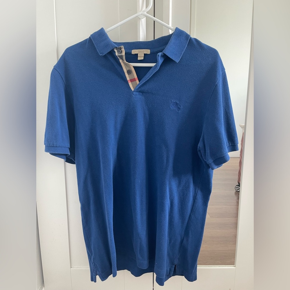 Burberry Blue Polo Shirt with Check Detail